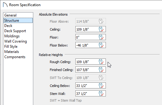 Structure panel of the Room Specification dialog