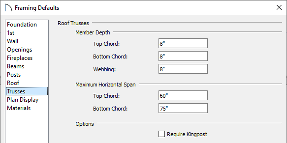 Trusses panel of the Framing Defaults dialog