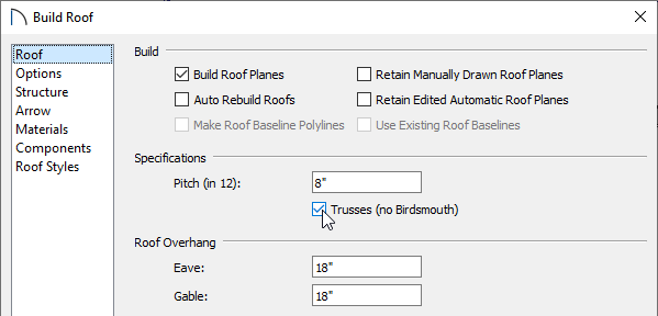 Roof panel of the Build Roof dialog