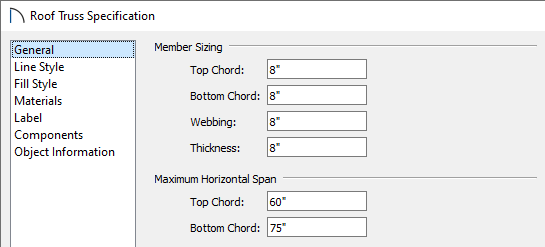 General panel of the Roof Truss Specification dialog