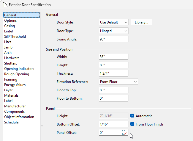 General panel of the Door Specification dialog