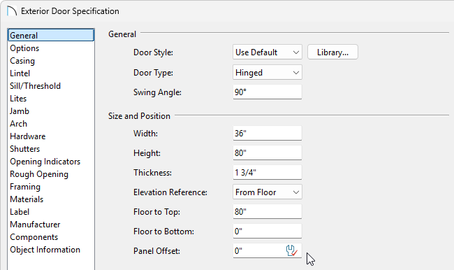 General panel of the door specification dialog