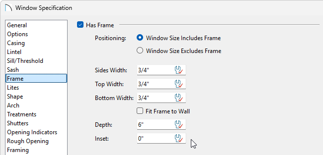 Frame panel of the Window Specification dialog