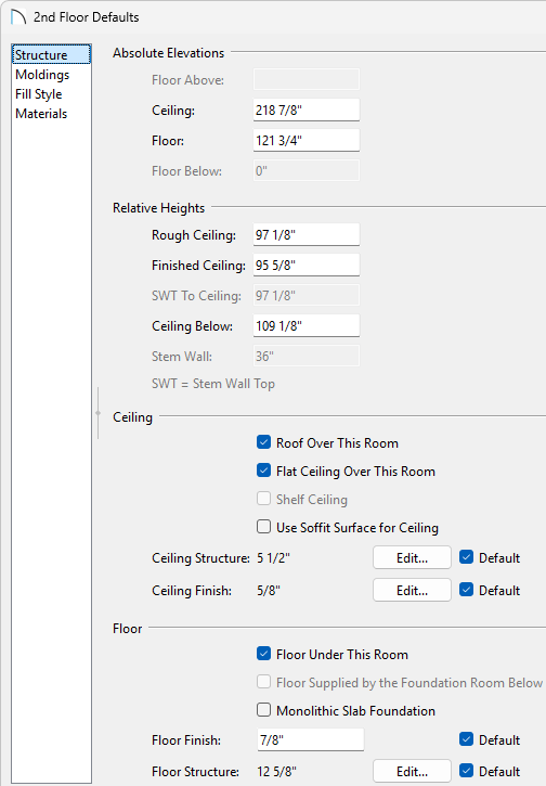 2nd Floor Defaults dialog where values and properties can be specified for the 2nd floor