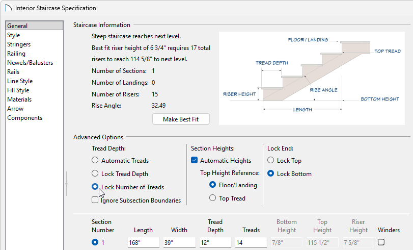 Specifying 14 treads for the staircase in the Interior Staircase Specification dialog