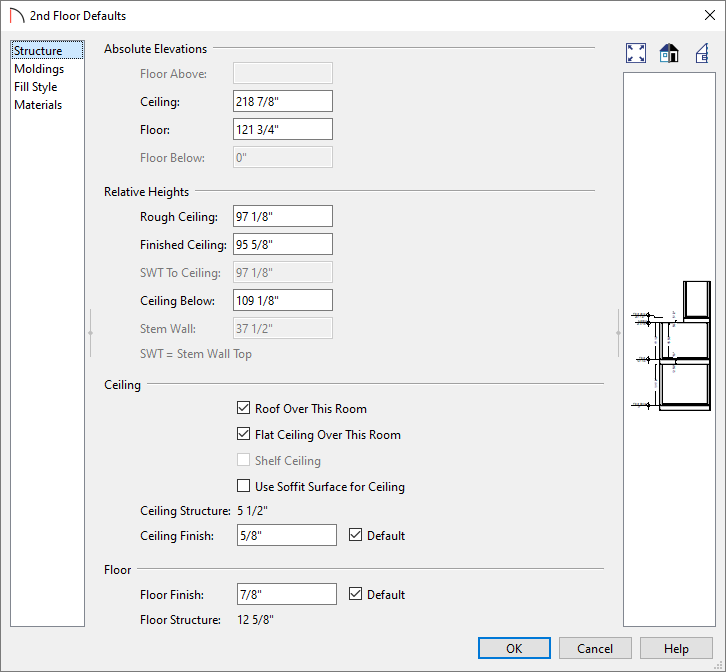 2nd Floor Defaults dialog where values and properties can be specified for the 2nd floor