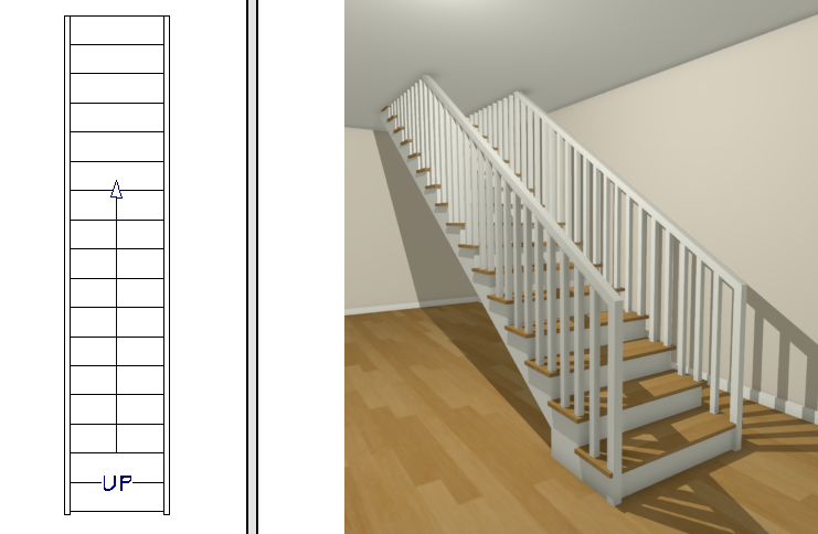 Floor plan view and a 3D camera view showing the staircase reaching the next floor