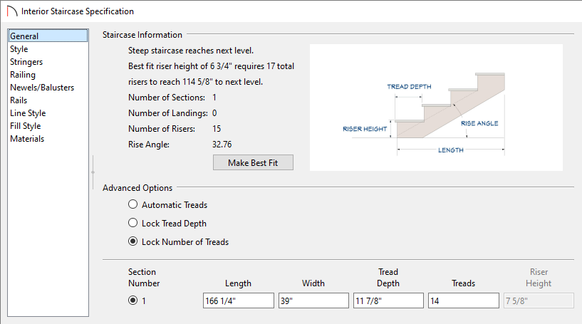 Specifying 14 treads for the staircase in the Interior Staircase Specification dialog