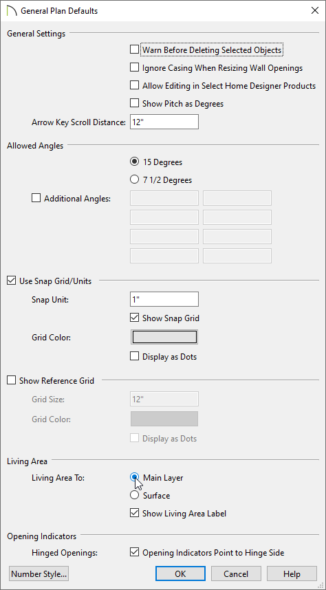 General Plan Defaults dialog