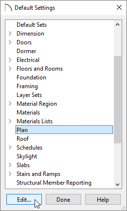 Plan category is selected in the Default Settings dialog