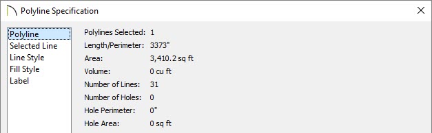 The area and other calculations can be seen on the Polyline panel of the Polyline Specification dialog