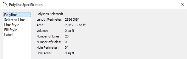 The area and other calculations can be seen on the Polyline panel of the Polyline Specification dialog