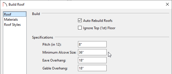 Build Roof dialog showing 36” entered for Minimum Alcove Size on Roof panel