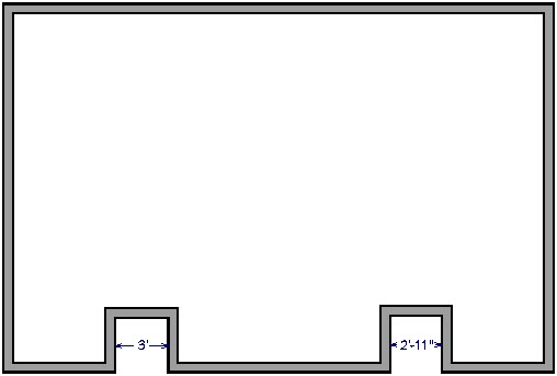 Floor plan view of building with a 3’ alcove and a second alcove measuring 2’ 11”