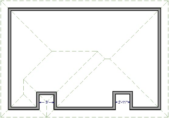 Floor plan view of building showing roof planes that differ over the two different alcoves