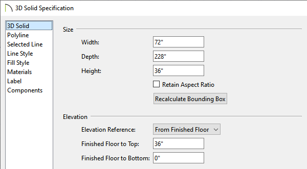 Modify the Height/Thickness and Finished Floor to Top/Bottom values to your liking