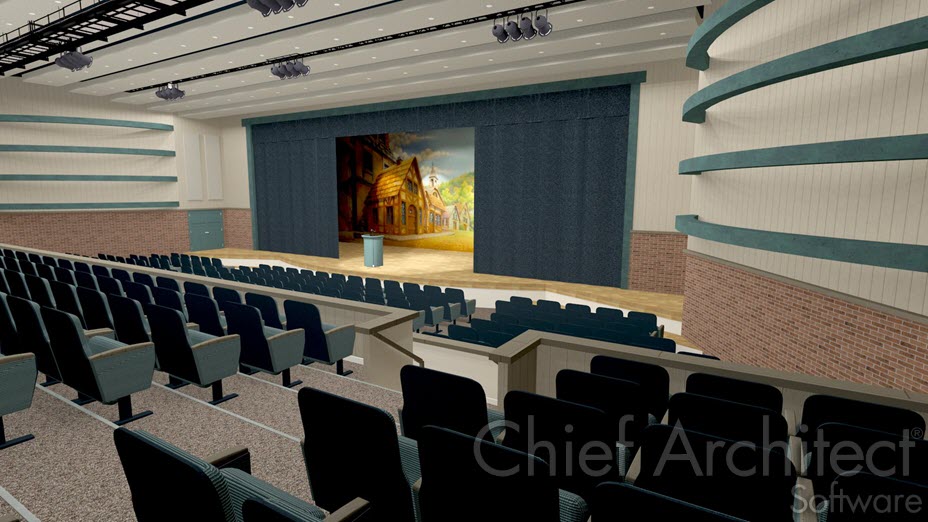 Theater containing a stage, chairs, and lights Stage in a theater
