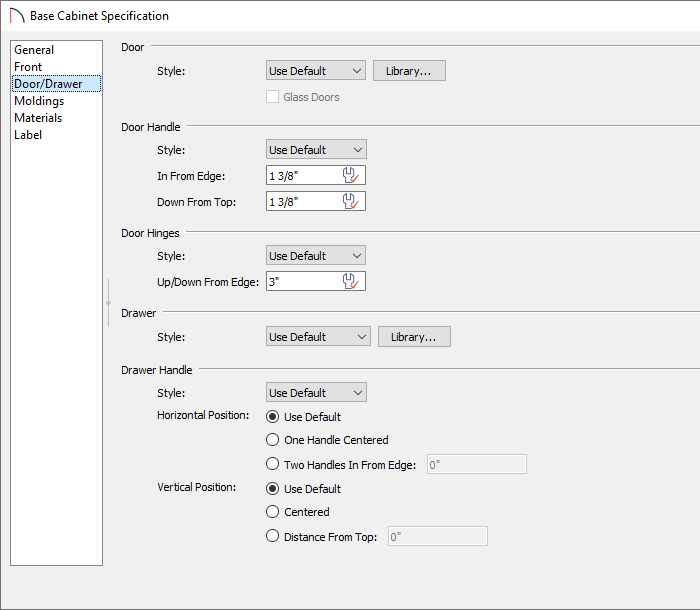 Base cabinet specification dialog on the Door/Drawer panel