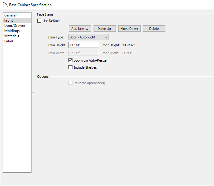 Base cabinet specification dialog on the Front panel