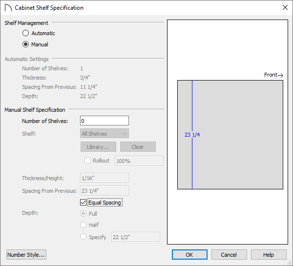 Cabinet Shelf Specification dialog in Home Designer Pro