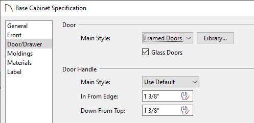 Base Cabinet Specifications for changing the main style to framed doors