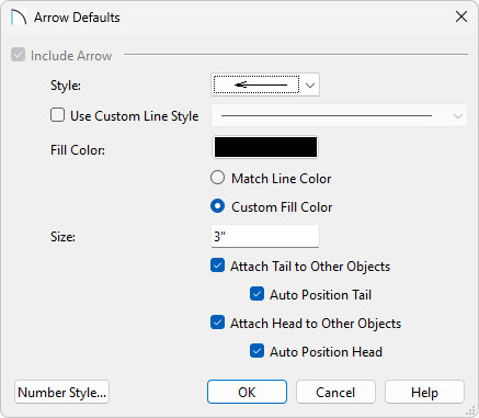 In the Arrow Defaults, specify the settings you'd like your new arrows to use.