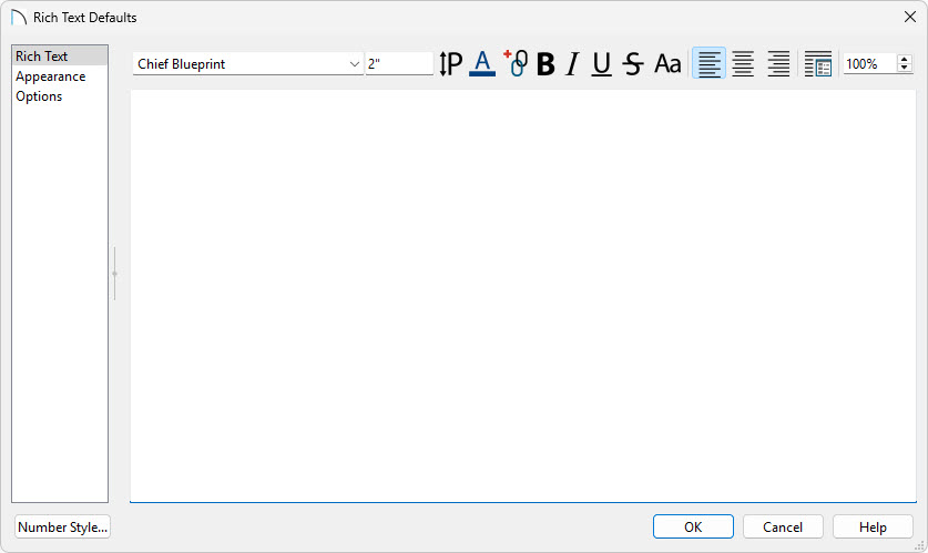 In the Rich Text Defaults, specify the settings you'd like your new text boxes to use.