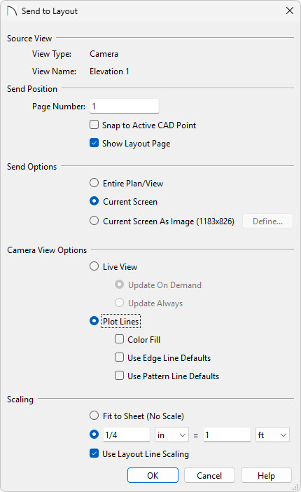 In the Send to Layout dialog, send the Current Screen and specify the scale you'd like to use.