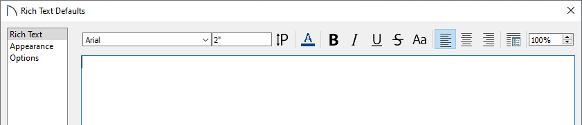 Rich Text Defaults dialog box