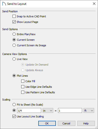 Send to Layout dialog box set to Current Screen and Plot Lines