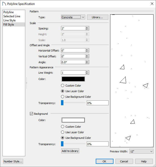 Polyline specification dialog on the Fill Style panel