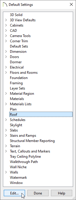 Default Settings dialog with the Roof category selected