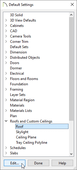 Default Settings dialog with the Roof category selected