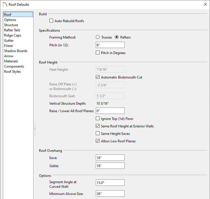 Roof panel of the Roof Defaults dialog