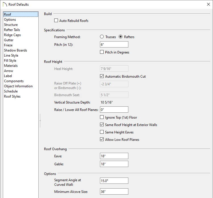 Roof panel of the Roof Defaults dialog