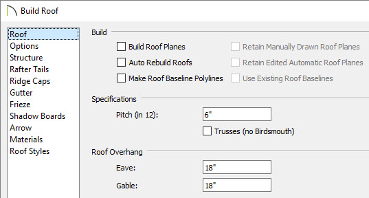 Setting roof properties such as the Pitch on the Roof panel of the Build Roof dialog