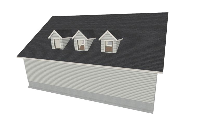 3D view of multiple dormers in a roof.