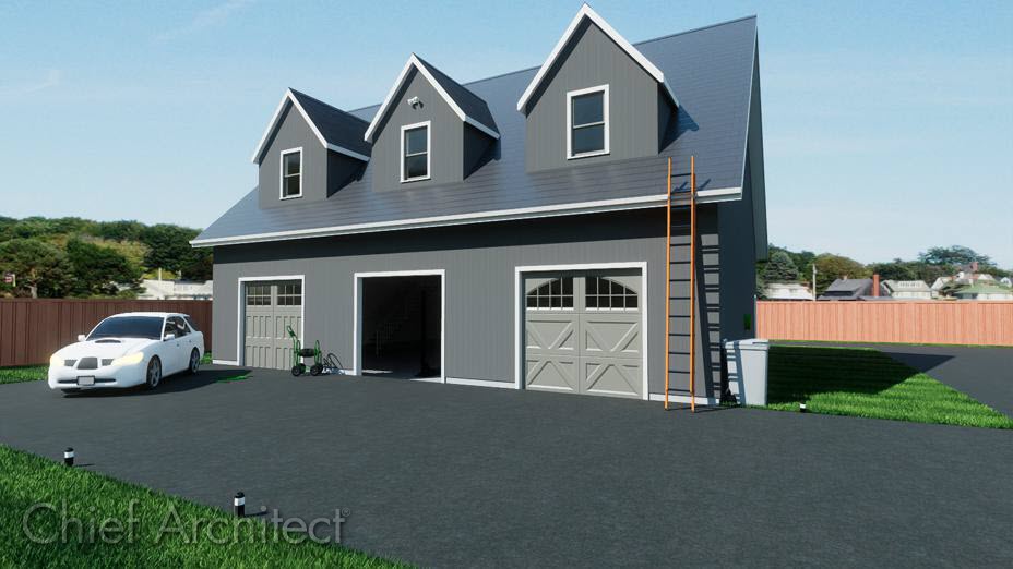 Garage with 3 dormers.