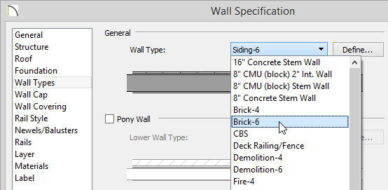 Wall Specification - Wall Types Wall Specification dialog with the Wall Type drop-down list showing several wall types with Brick-6 highlighted
