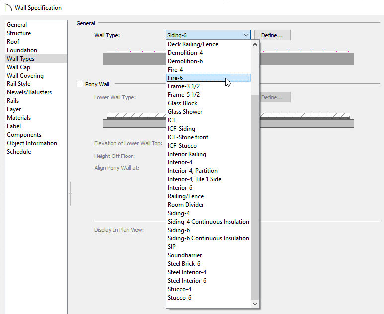 Wall Types panel of the Wall Specification dialog