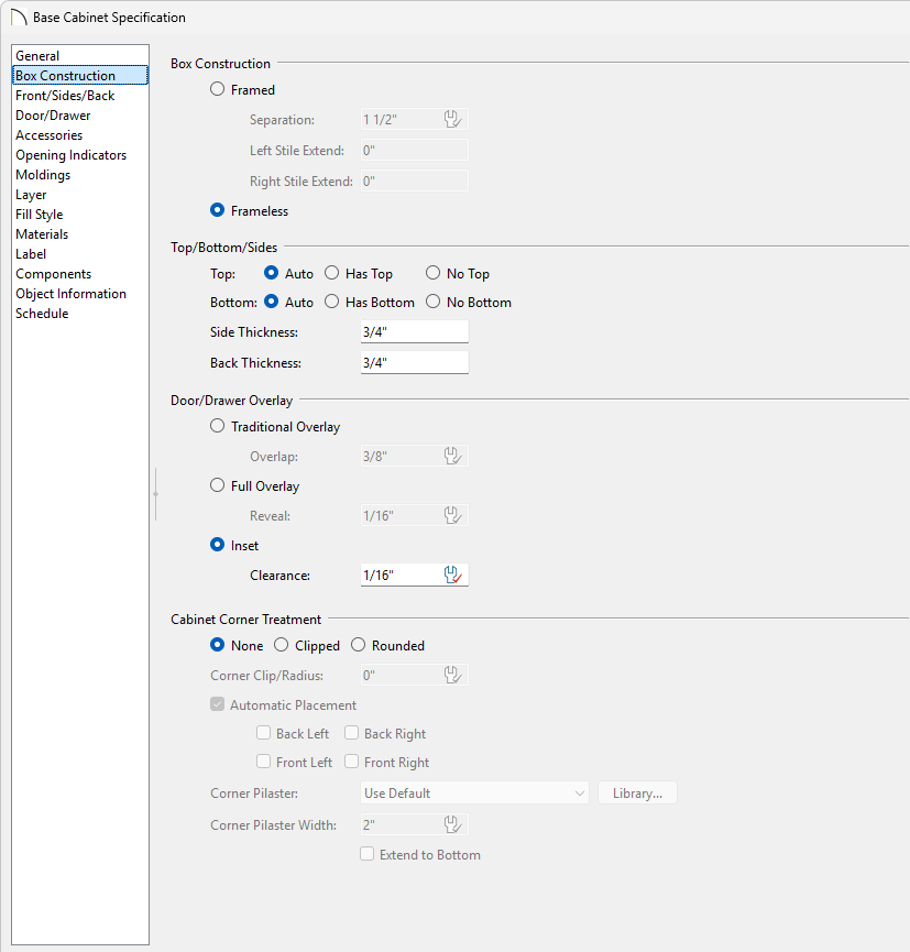Box Construction panel in the Base Cabinet Specification dialog