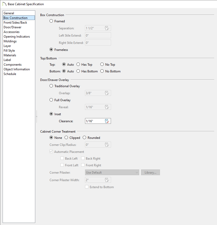 Box Construction panel in the Base Cabinet Specification dialog