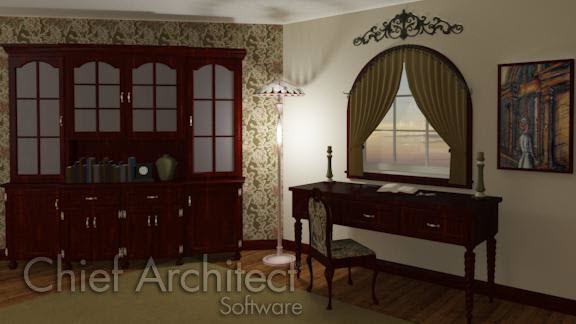 interior view of custom china hutch buffet cabinet and cabinet desk with spiral legs