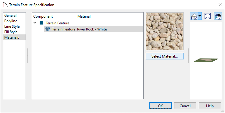 Terrain Feature Specification with white river rock specified as the material