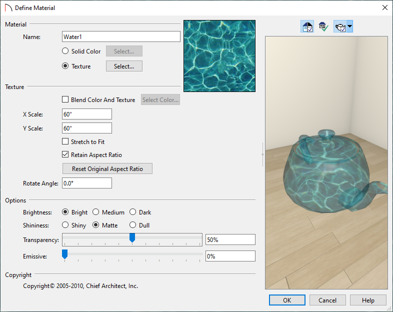 Define Material box to change transparency of water to 50 