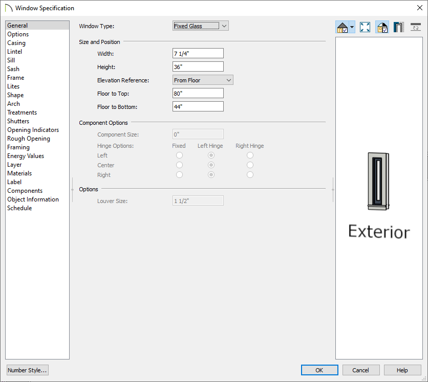 General panel of the Window Specification dialog