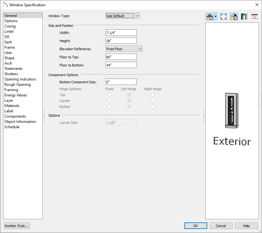 Window Specification on the General panel