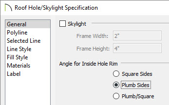 Roof hole skylight specification Roof hole skylight specification dialog