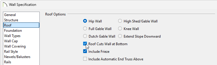 Roof panel of the Wall Specification dialog