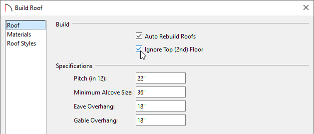 Setting the pitch and ignoring the second floor in the build roof dialog